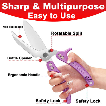 Heavy Duty Poultry Shears,Kitchen Shears for food Heavy Duty,Kitchen Scissors All Purpose,Rigid,Chicken,Fish,Meat,Easily Separable for Thorough Cleaning,Dishwasher Safe（PURPLE）