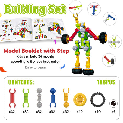 Kids STEM Building Toys for 3 4 5 6 7 8+ Year Old Boy Girl Birthday Gift, 186 Pcs Preschool Classroom Learning Activities Fine Motor Skills Building Blocks Ages 4-8 6-8 8-12 Engineering Creative Game