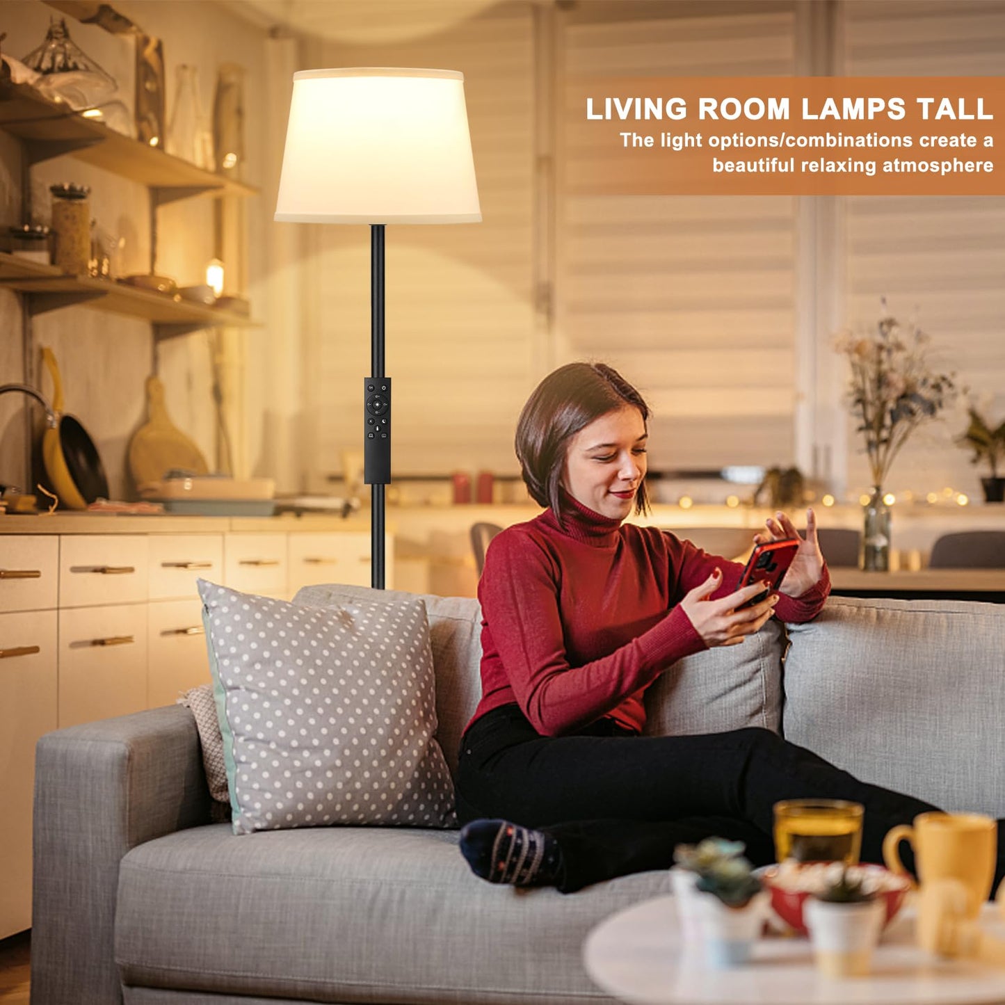 Raexpectis Modern Floor Lamp with Adjustable Brightness, Remote Control, Black, LED Bulbs, White Shade, Foot Switch, Easy Assembly