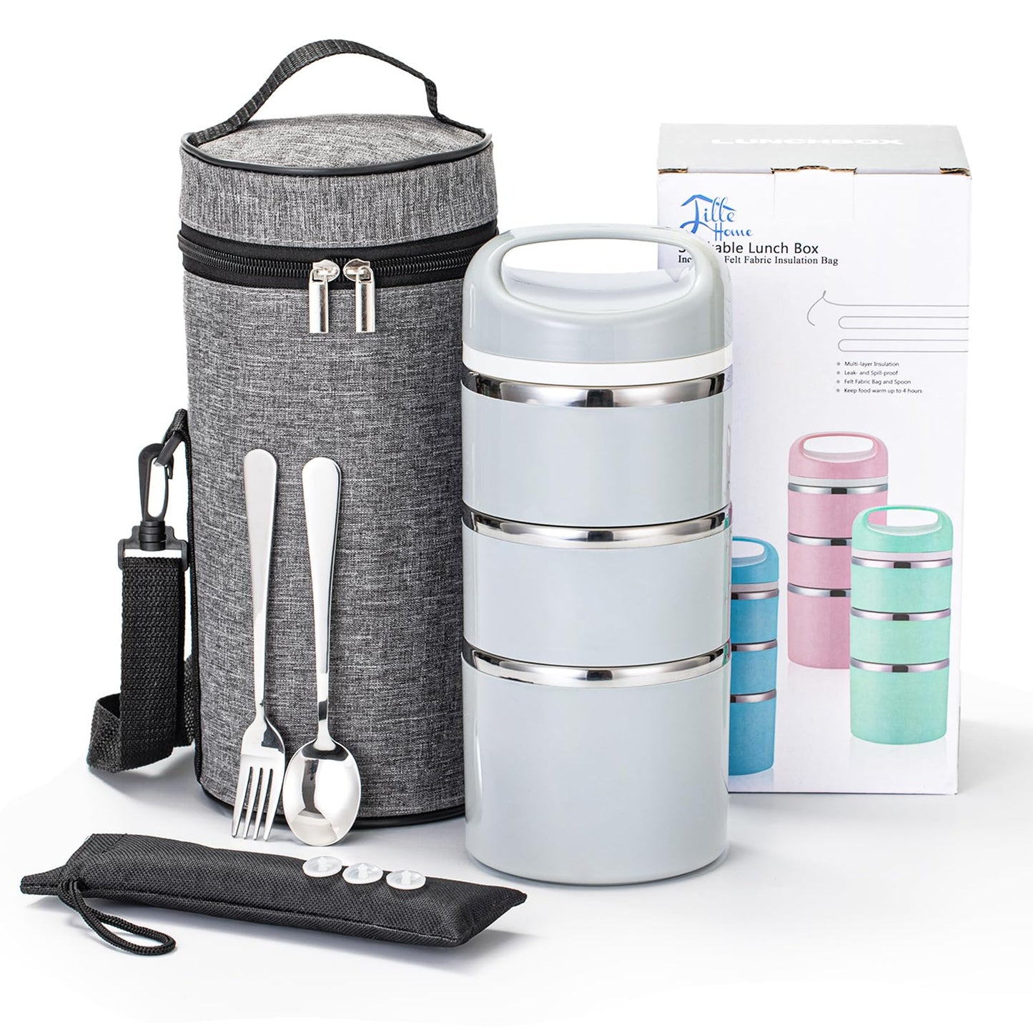 Lille Home Stackable Stainless Steel Thermal Compartment Lunch/Snack Box, 3-Tier Insulated Bento/Food Container with Lunch Bag, Utensils Set and Three Extra Seals, 43OZ (Gray)