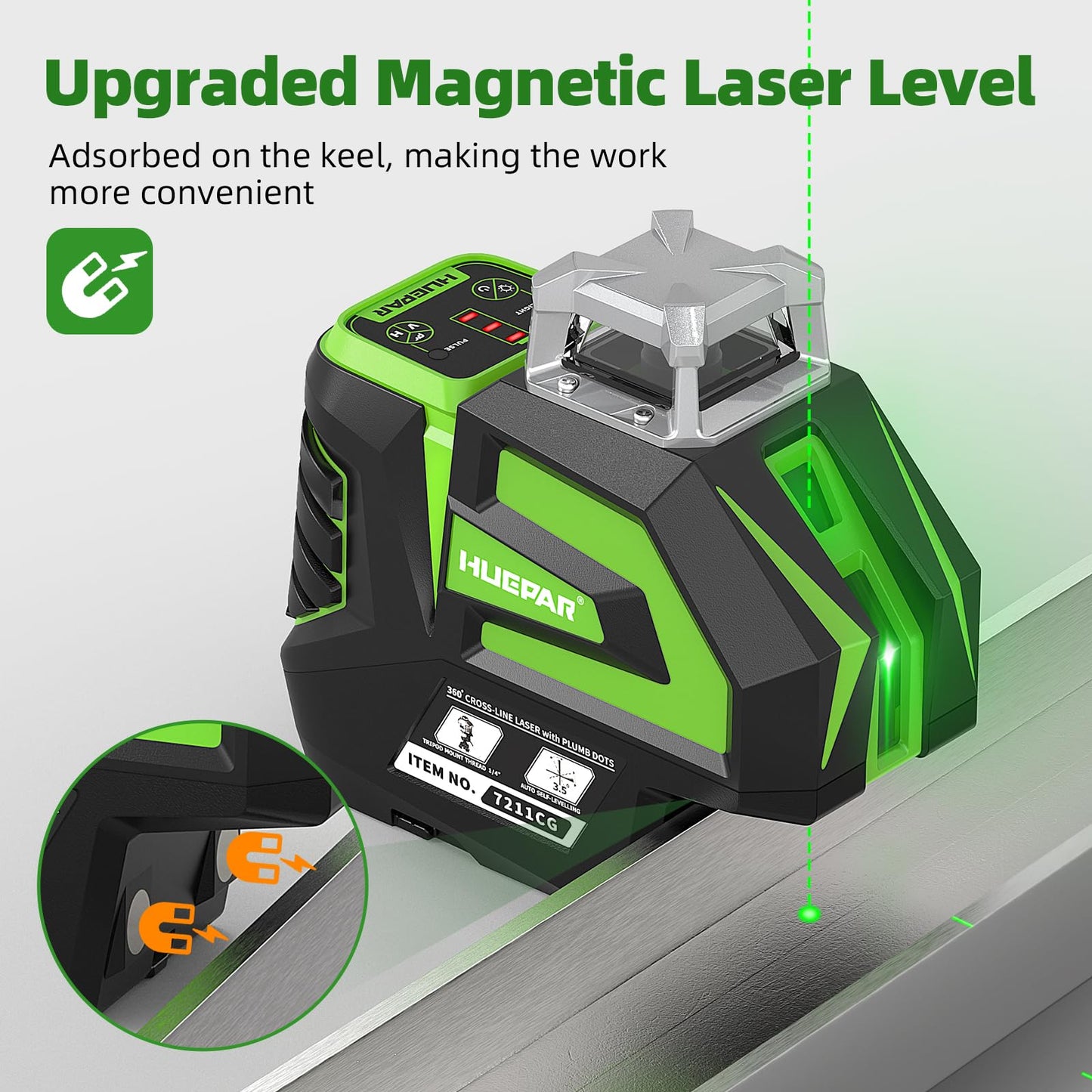Huepar Self Leveling Green Laser Level Cross Line with 2 Plumb Dots Laser Tool -360 Horizontal Line Plus Large Fan Angle of Vertical Beam -Li-ion Battery with Type-C Charging Port&Magnetic Base 7211CG