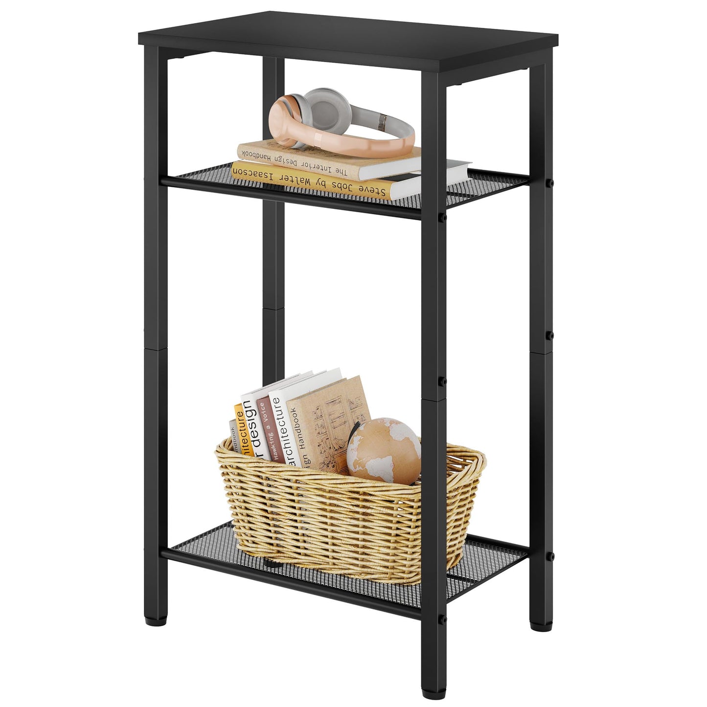Hoctieon 3 Tier End Table, Telephone Table, Tall Side Table with Storage, Small Nightstand for Small Spaces, Metal Frame, For Living Room, Bedroom, Sofa Couch, Hall, Easy Assembly, Black