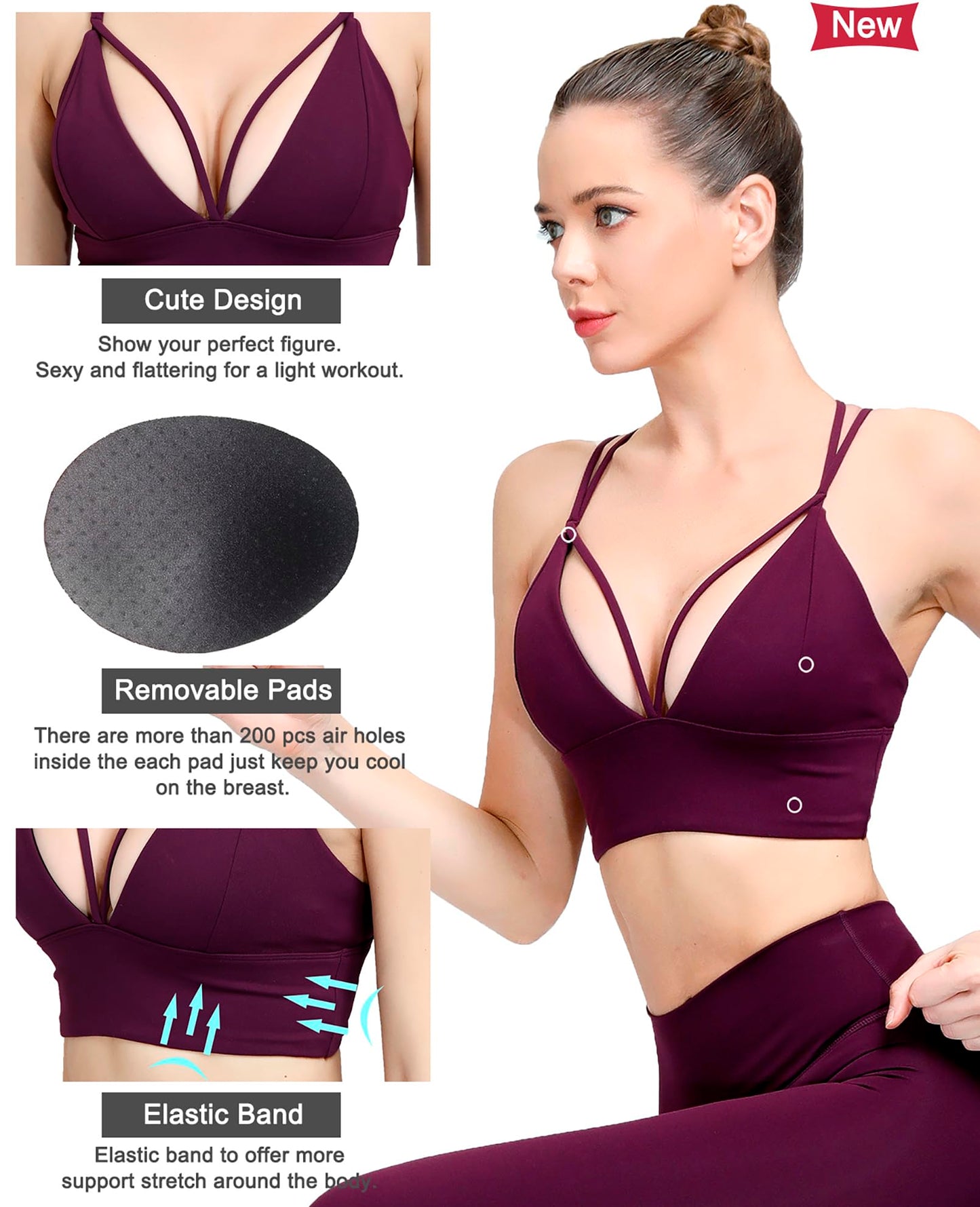 MotoRun Womens Push-Up Padded Strappy Sports Bra Cross Back Wirefree Fitness Yoga Top Maroon&Black 2 Packs, Medium