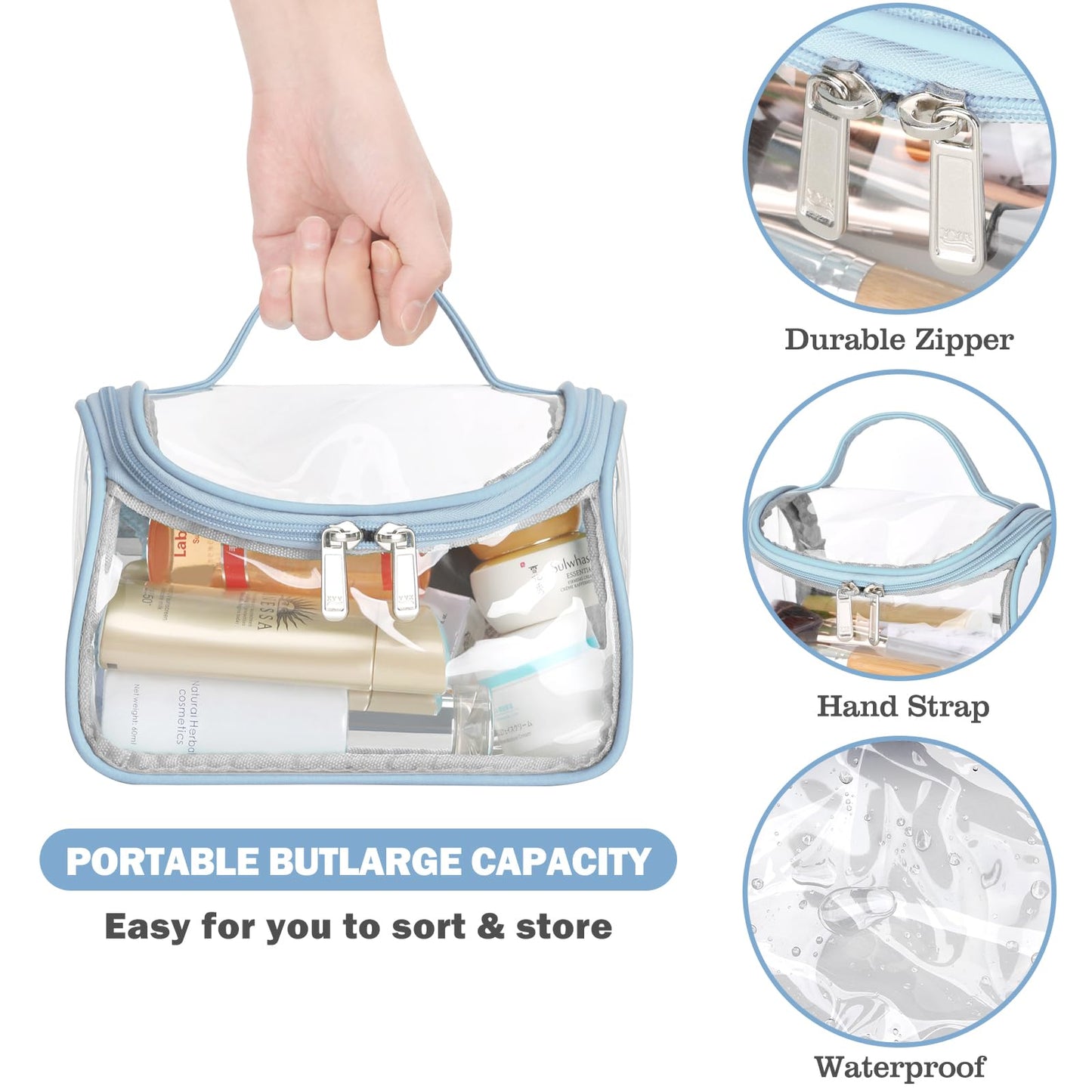 HAOGUAGUA Heavy Duty Clear Cosmetic Bag Waterproof Transparent Travel Makeup Toiletry Organizer Bag (Blue-1pcs)