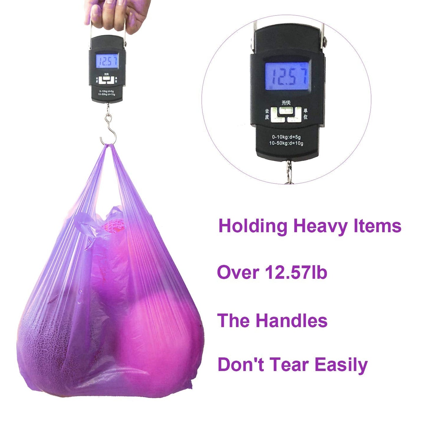 LazyMe T-Shirt Carry-Out Bags Plastic Grocery Bags with Handles Shopping Bags in Bulk Restaurant Bags, Standard Supermarket Size,12 x 20 inch (Purple 100 Pcs)