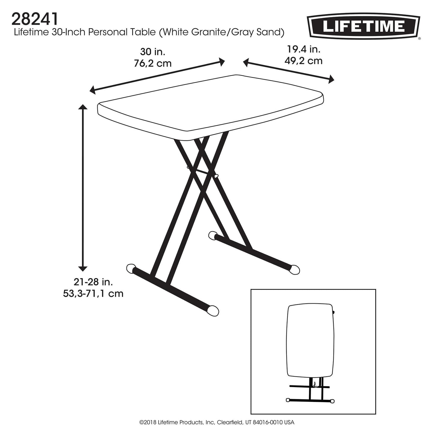 Lifetime 28241 Adjustable Folding Laptop Table TV Tray, 30 Inch, White Granite