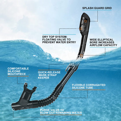 Odoland Snorkel Set, Snorkeling Packages with Dry Top Diving Mask, Adjustable Swim Fins, Mesh Bag, Anti-Fog Anti-Leak Snorkeling Gear for Men Women Adult, Black L/XL