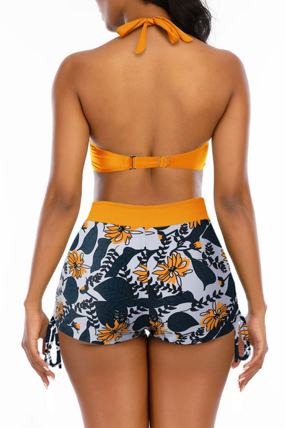 Adisputent Womens High Waisted Swimsuits with Boy Shorts Brazilian Triangle Top Stripes Halter Bikini Tummy Control Two Piece Bathing Suits Yellow Flowers M