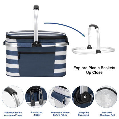 ALLCAMP Insulated Picnic Baskets Shoping Basket Cooler Bag Collapsible Portable Picnic Basket (Blue White Stripe)