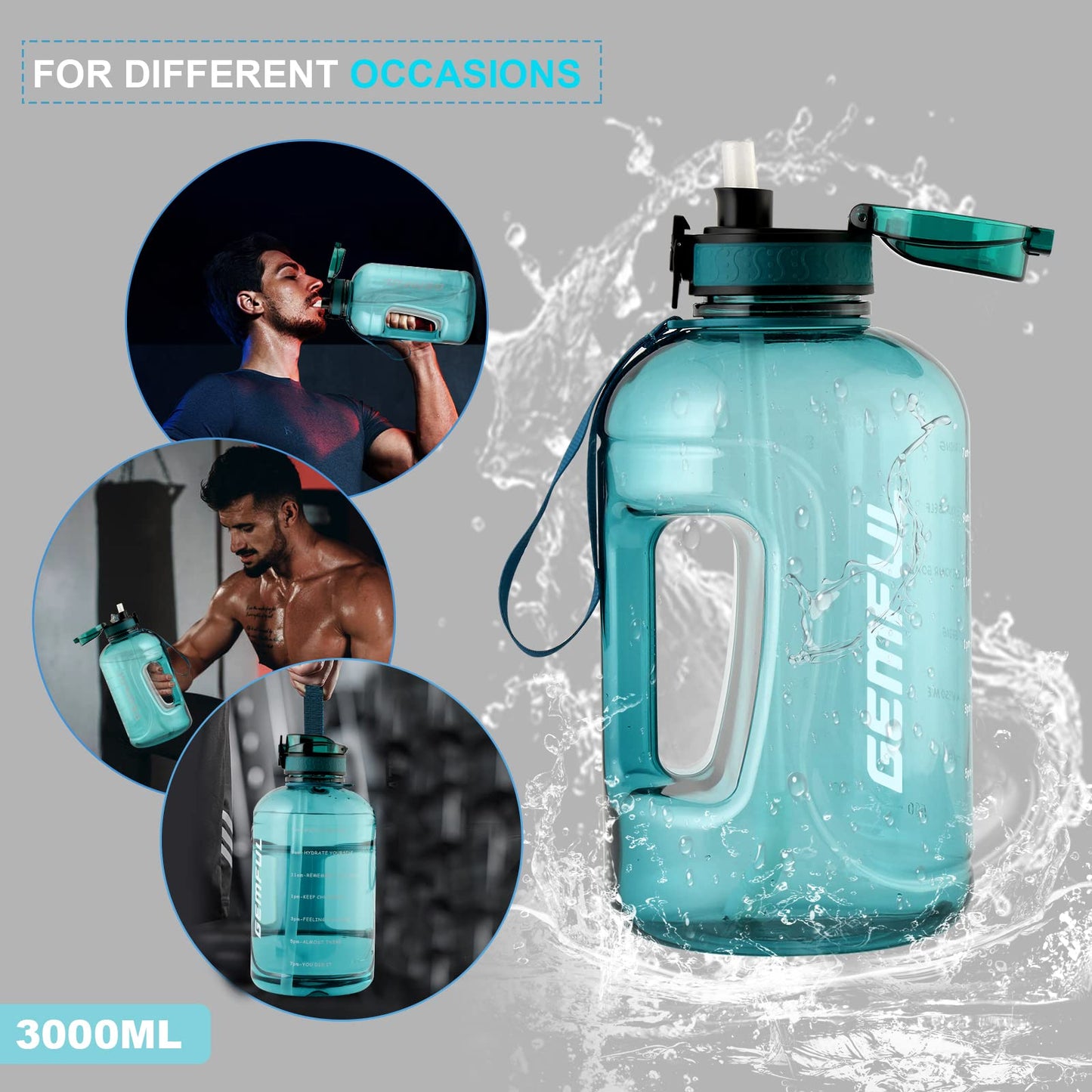 GEMFUL 3 Liter Water Bottle with Straw 101oz BPA-Free Leakproof Time Marker Handle for Gym Sports Large Motivational Jug for Men Women (Cyan with Removable Straw)