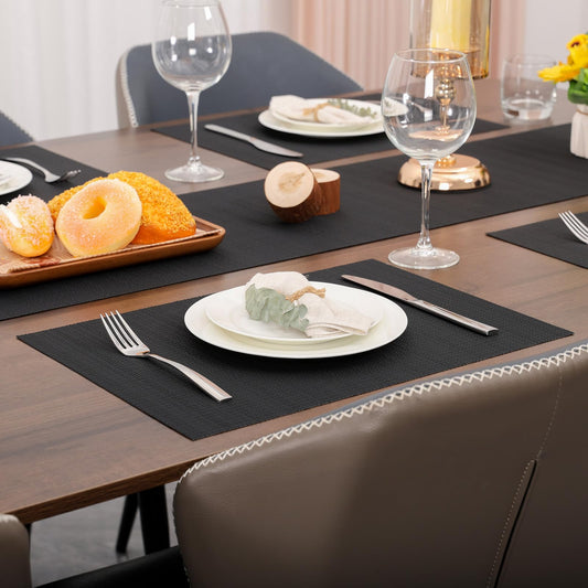 Myir JUN Placemats Set of 8, Vinyl Woven Placemats Place Mats Indoor Set of 8 Washable Table Mats Non-Slip Place mats for Dining Table (Black, Set of 8)