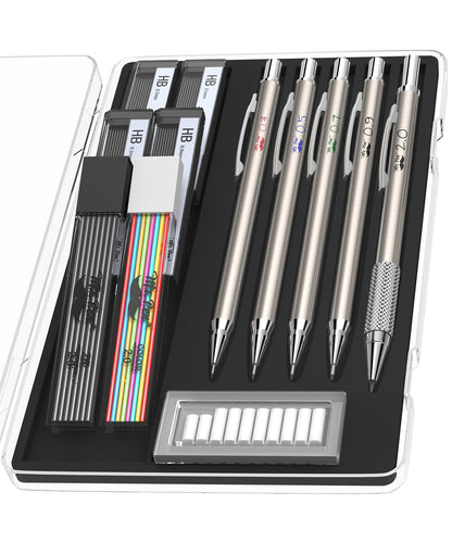 Mr. Pen- Metal Mechanical Pencil Set with Lead and Eraser Refills, 5 Sizes, 0.3, 0.5, 0.7, 0.9, 2mm, Drafting, Sketching, Architecture, Drawing Metal Mechanical Pencils