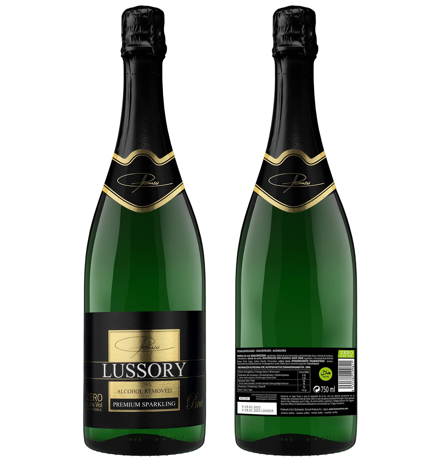 Lussory Premium Sparkling Brut Dealcoholized 0.0% Non Alcoholic Wine Bubbly From Spain, Low Calories, Low Sugar, Halal (750ml, 1 Bottle)