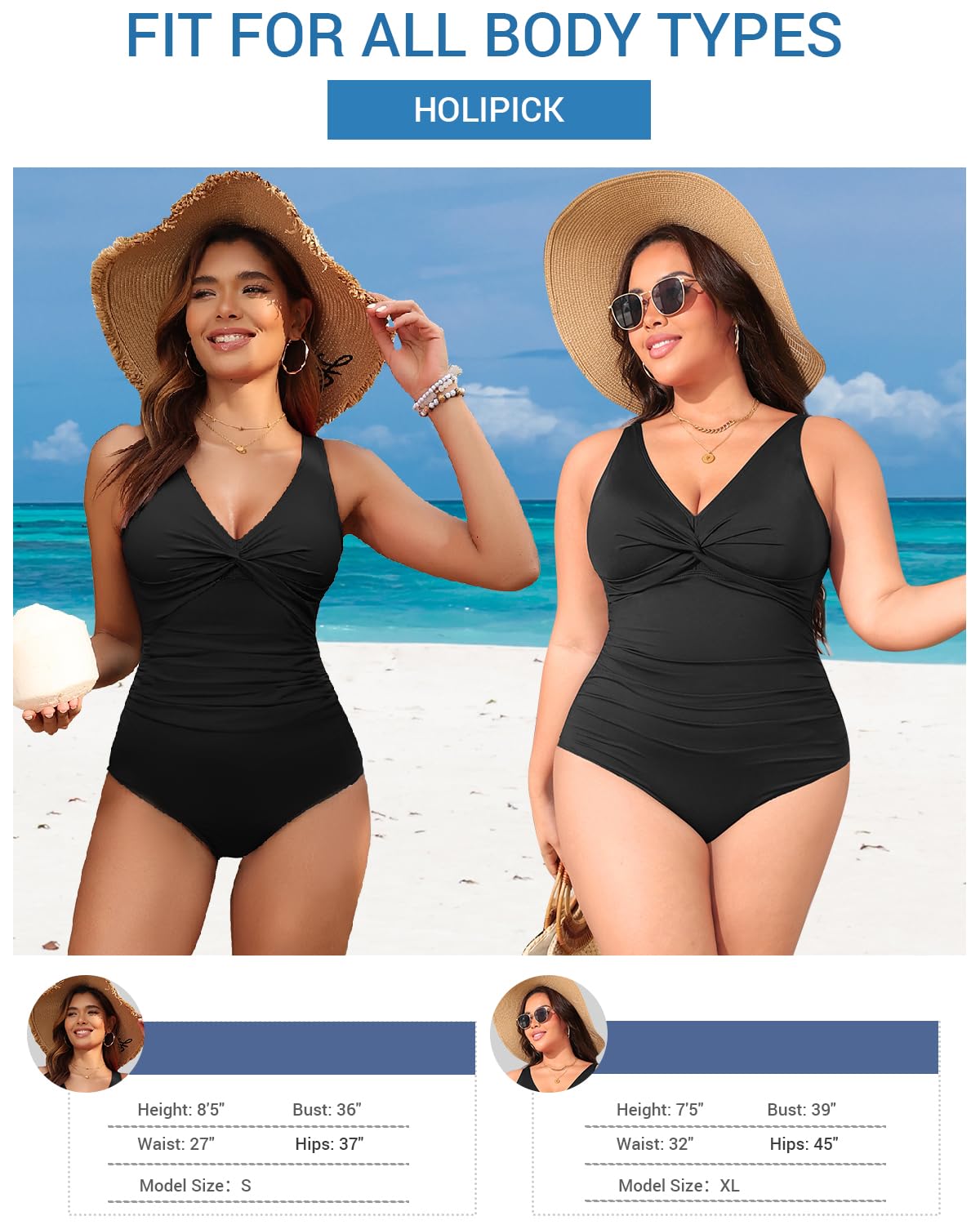 Holipick Black Women Tummy Control One Piece Swimsuit - Push Up Bathing Suit Full Coverage Slimming Swimwear M