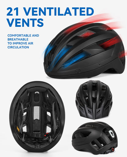 FUNWICT Adult Bike Helmet with Visor and Goggles for Men Women Mountain Road Bicycle Helmet Rechargeable Rear Light Cycling Helmet (L: 57-61 cm (22.4-24 inches), Black)
