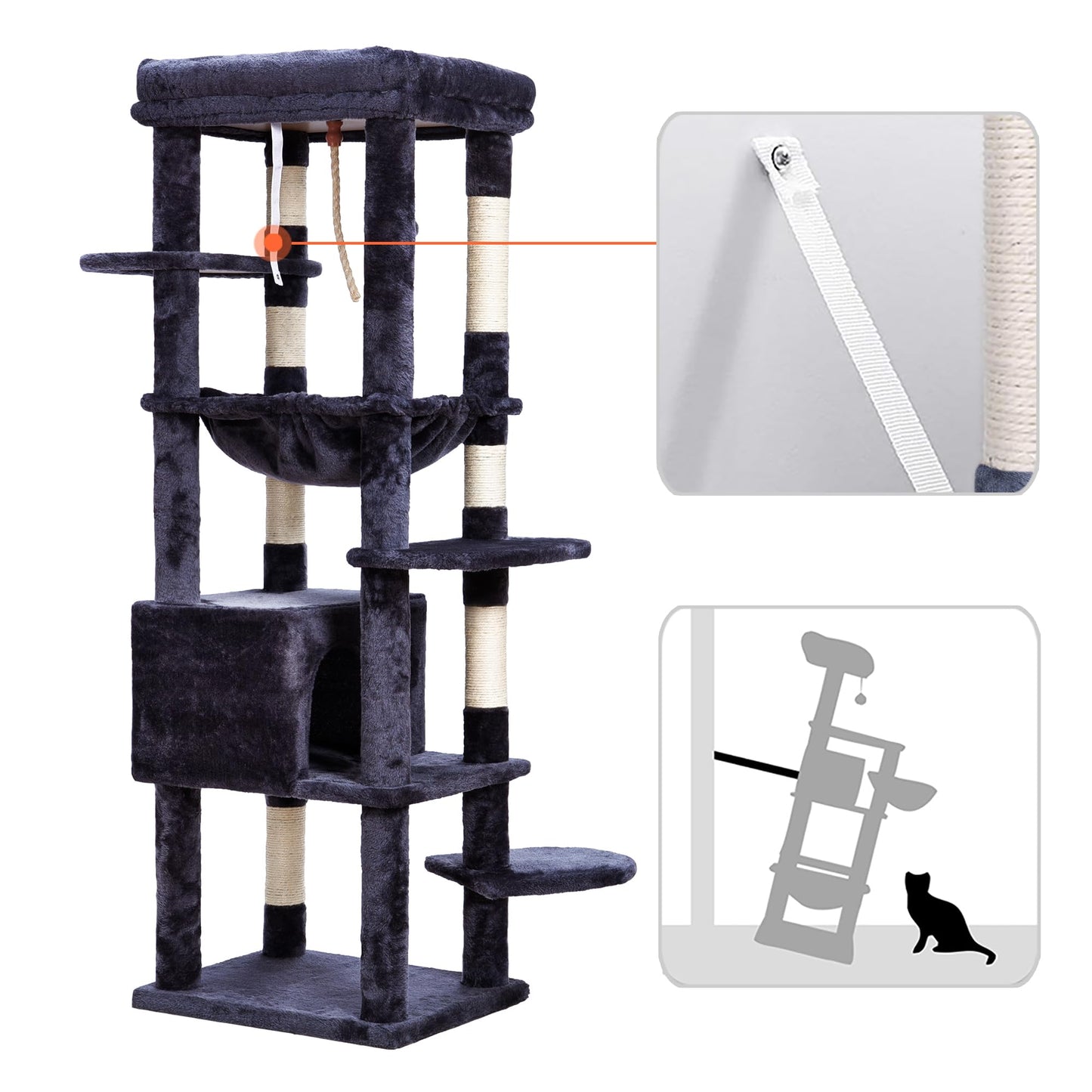 Heybly Cat Tree for Large Cats 20lbs Heavy Duty, 60 inches XXL Cat Tower for Indoor Cats, Multi-Level Furniture Condo with Big Padded Plush Perch, Cozy Basket, Smoky Gray HCT050G