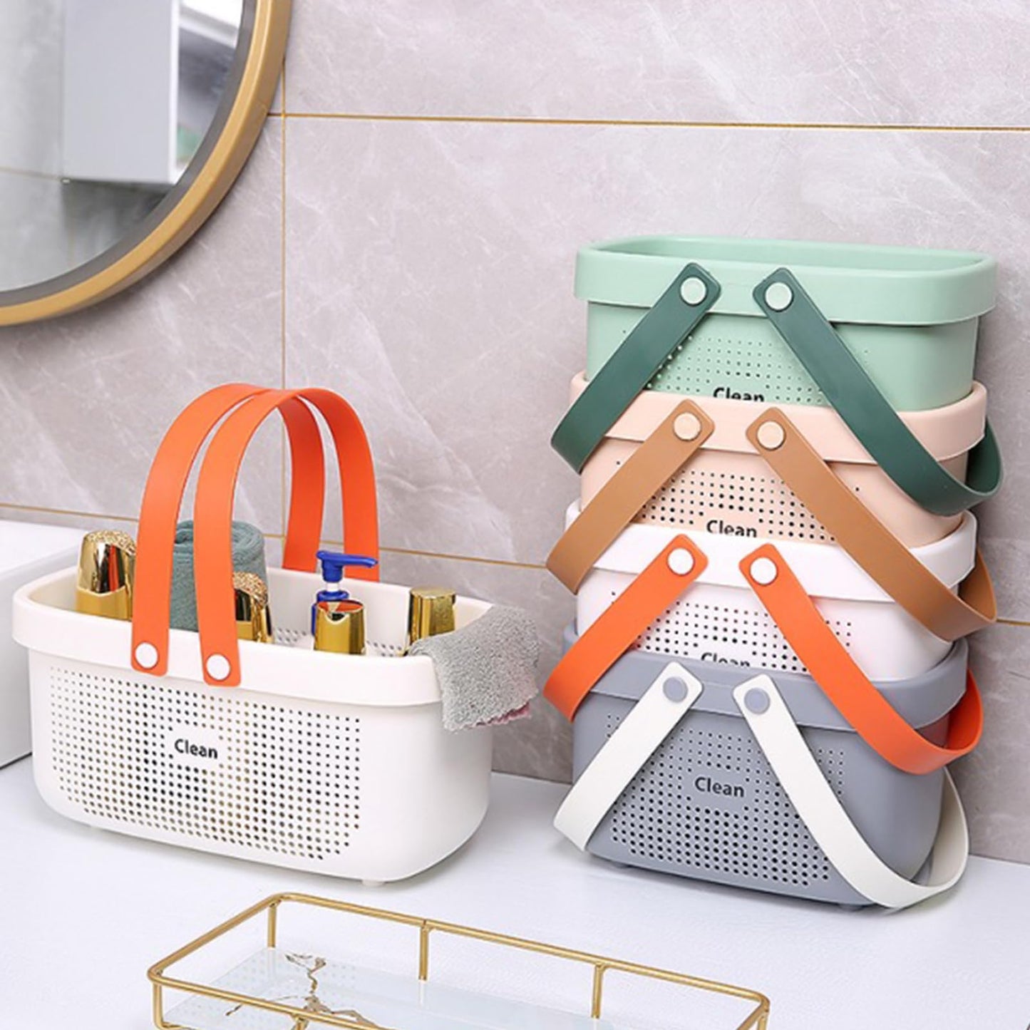 JiatuA Plastic Storage Basket with Handle Portable Shower Caddy Tote Organizer Basket Bin for Bathroom Kitchen Dorm Room Bedroom, Small Grey