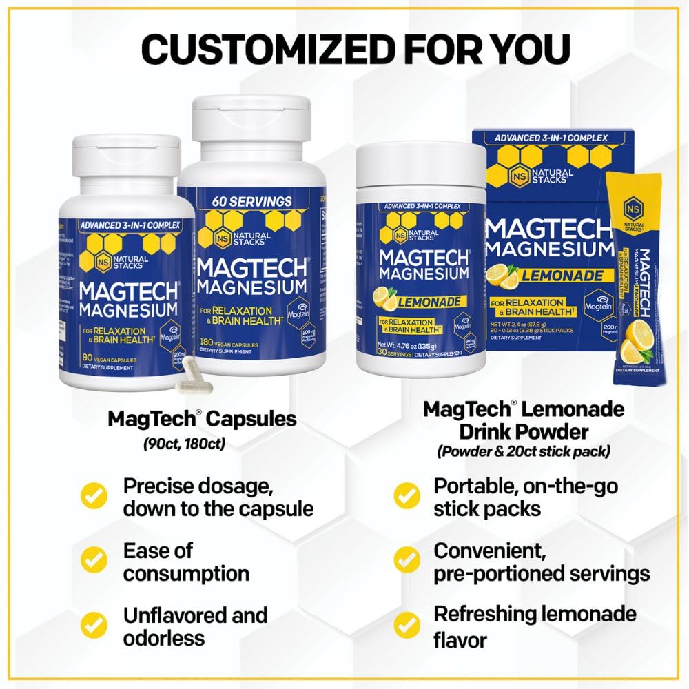 MagTech Magnesium Drink Mix - Sugar Free Lemonade - 3 Forms of Magnesium: Magtein L-Threonate, Glycinate & Taurate - 200mg Chelated Magnesium Complex - Supports Relaxation & Brain Health - 20 Servings