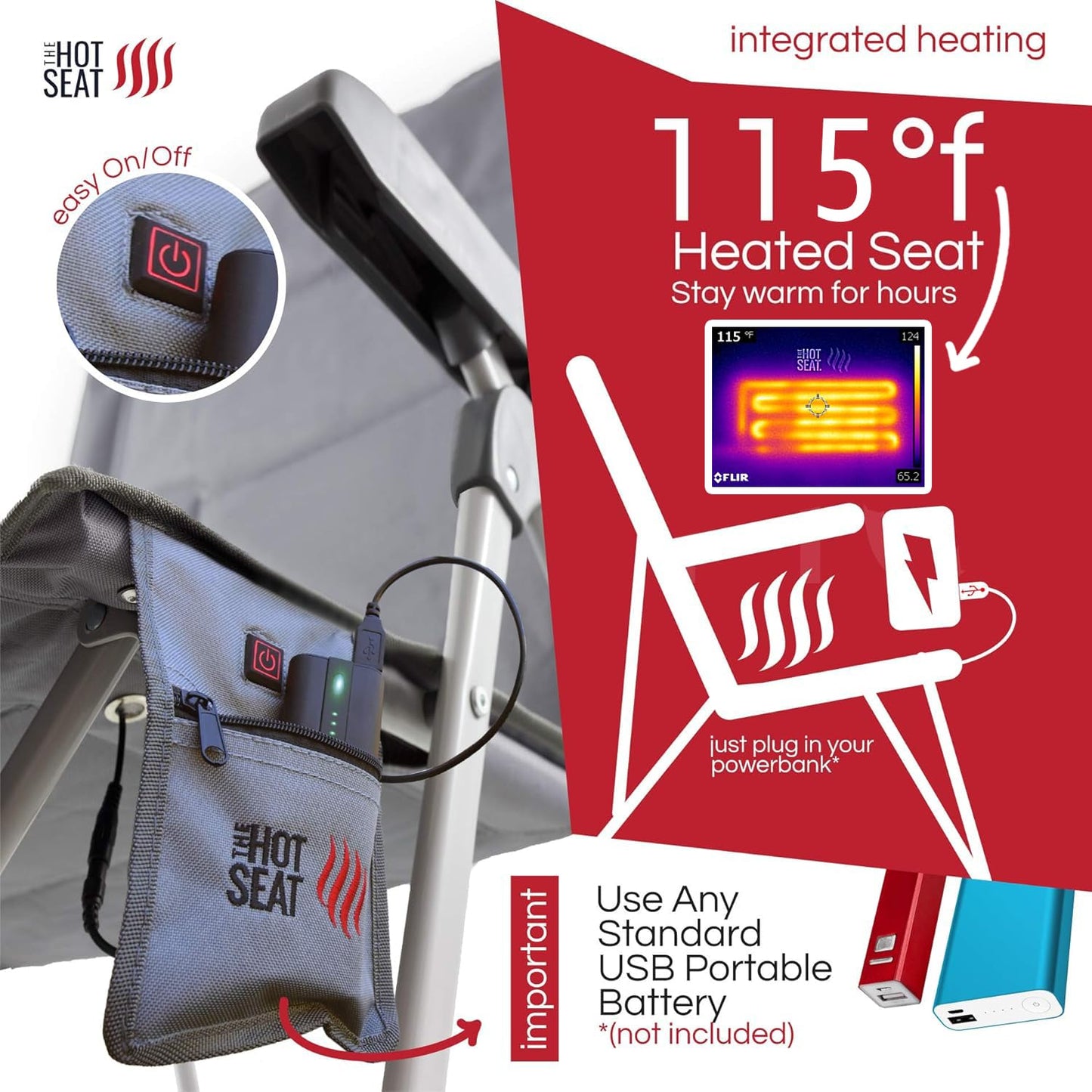 POP Design The Hot Seat, USB Heated Portable Folding Camping Chair, Perfect for Outdoor, Lawn, Patio, Sports, Beach, or Picnics. (Battery Pack NOT Included)