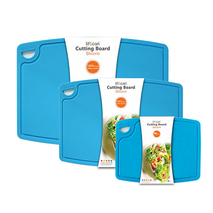 Liflicon Silicone Thick Cutting Boards Mats Set of 3pcs Foldable & Flexible Design Juice Grooves Easy Grip Handle Dishwasher Safe for Kitchen,BPA free Chif-Blue