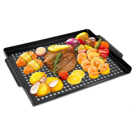 MEHE Vegetable Grill Basket,Nonstick Grill Pan 14.6 "x11.4 Thicken Grilling Topper BBQ Accessory for Grilling Veggie, Fish, Shrimp, Meat, Camping Cookware (No Hand)
