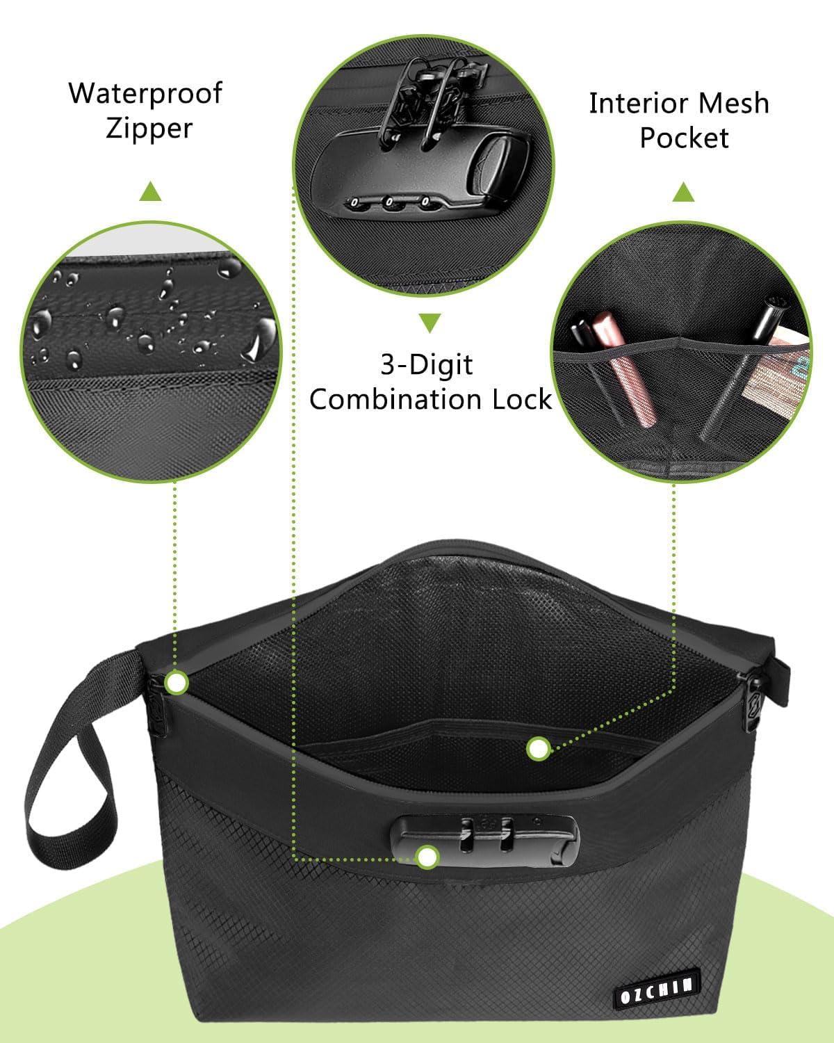 OZCHIN Smell Proof Bag with Lock – Activated Carbon Fiber Smell Proof Container with Combination Lock, Airtight Zipper, Odor Proof Case for Travel, Daily Use, Gifts Ideas 11 X 8 Inch (Black)