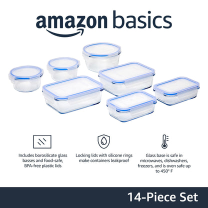 Amazon Basics Leak-Proof Glass Locking Lids Food Storage Containers, 14-Piece Set, 7 Count of Bases and 7 Plastic Lids, Clear, Blue, BPA Free