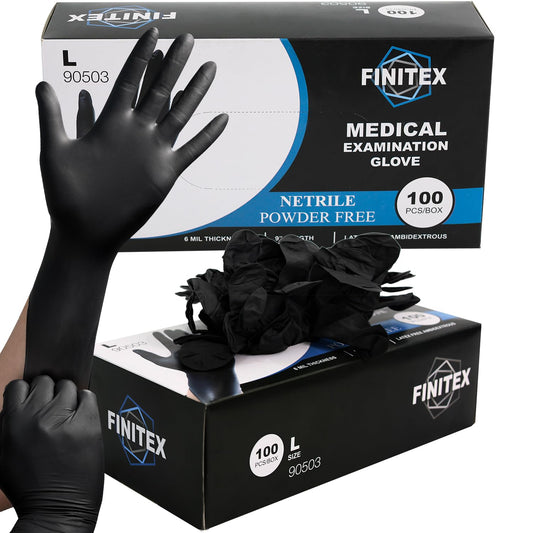 FINITEX Black Nitrile Disposable Medical Exam Gloves - Box of 100 PCS 6mil Powder-Free Latex-Free For Examination Home Cleaning Food Glove (Large)