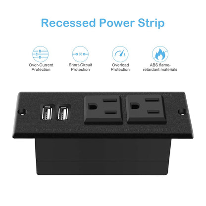 Recessed Power Strip, Black Desktop Power Grommet Socket with Furniture, 2 AC Outlets & 2 USB Ports for Conference Desk,Kitchen,Office,Home,Hotel (9.85 ft)