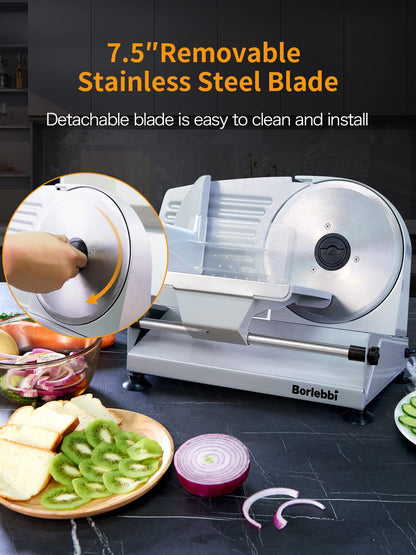 Meat Slicer, 200W Electric Food Slicer with 2 Removable 7.5" Stainless Steel Blades and Stainless Steel Tray, Child Lock Protection, Adjustable Thickness, Food Slicer Machine for Meat Cheese Bread