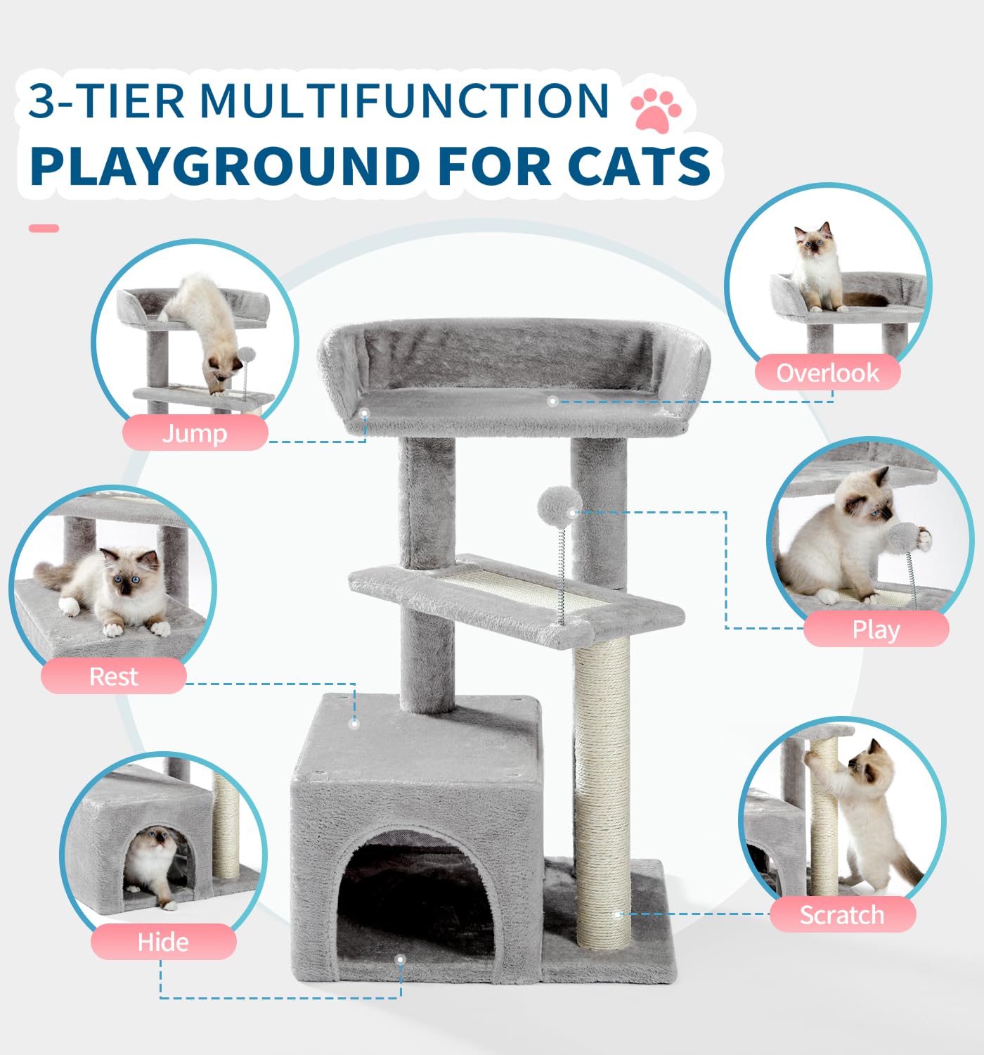 Made4Pets Cat Tree, Carpet Cat Tower Grey for Indoors Cats, Cute Wood Kitty Condo with Scratching Post and Pad, 29" Multi-Level Modern Activity Climbing Furniture for Small and Medium Cats