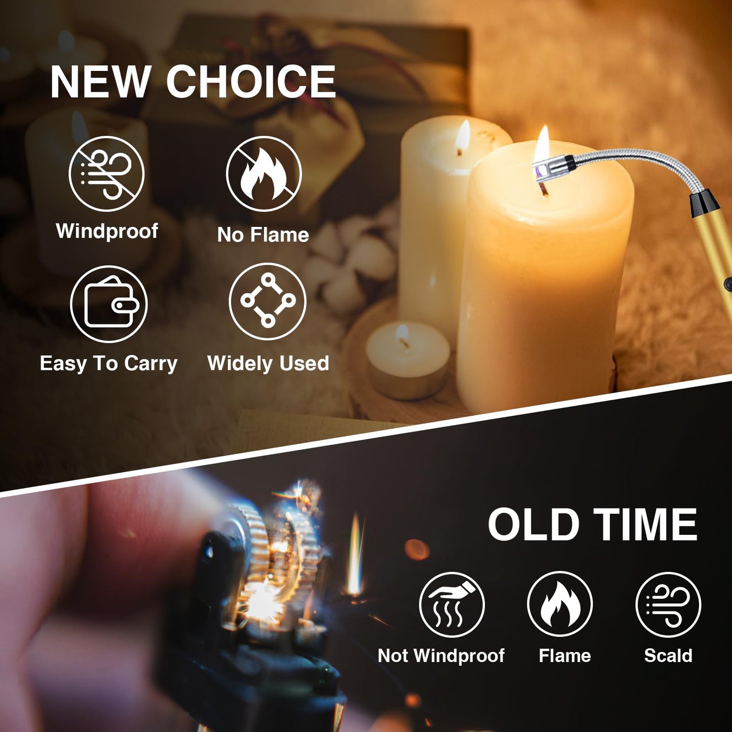 2 PCS Candle Lighter, Lighters for Candle Arc Windproof Flameless with 360° Flexible Neck & LED Power Display, Electric Lighter for BBQ, Grill, Camping, Fireplace, Stove(Gold)