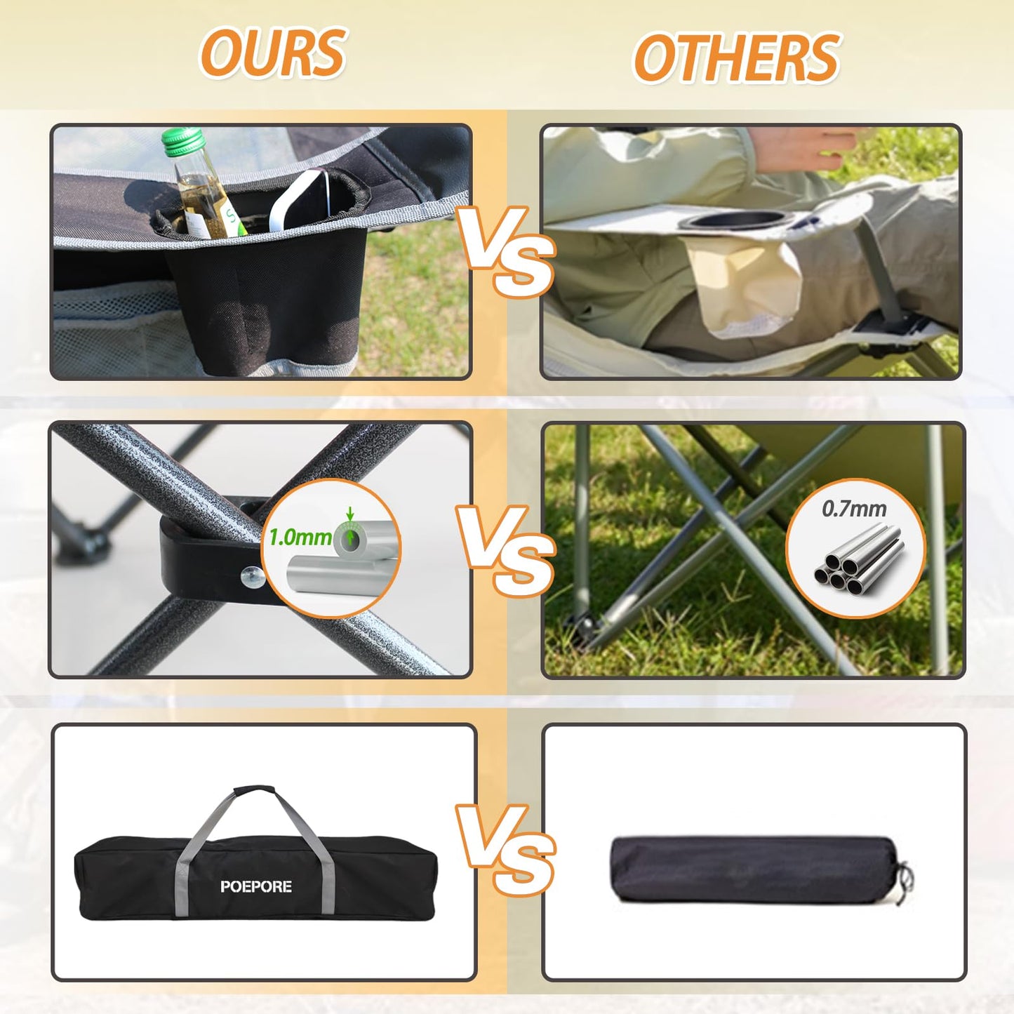 POEPORE Reclining Camping Chair with Removable Footrest Lounge Chair with Headrest, Cotton Cushion, Portable Adjustable Folding Chairs for Adults Black