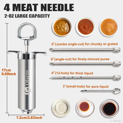 Ofargo Stainless Steel Meat Injector Syringe Kit with 4 Marinade Needles for BBQ Grill Smoker, 2-oz Large Capacity, Both Paper User Manual and E-Book Recipe