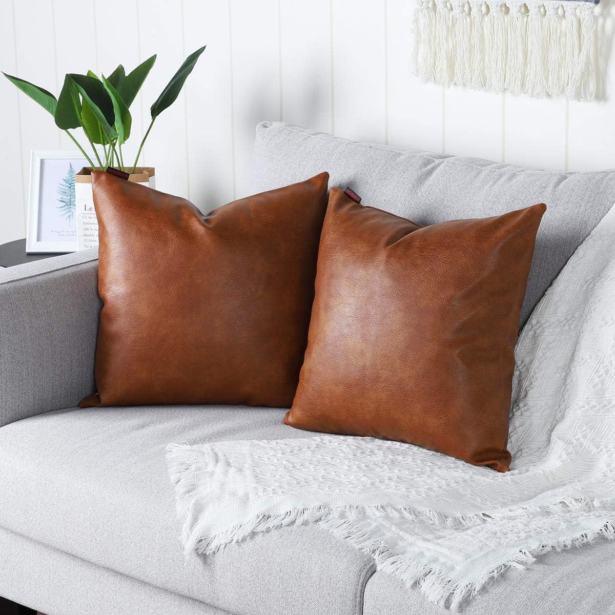 MANDIOO Set of 2 Faux Leather Decorative Throw Pillow Covers Modern Solid Outdoor Cushion Cases Luxury Pillowcases for Couch Sofa Bed 22x22 Inches Brown