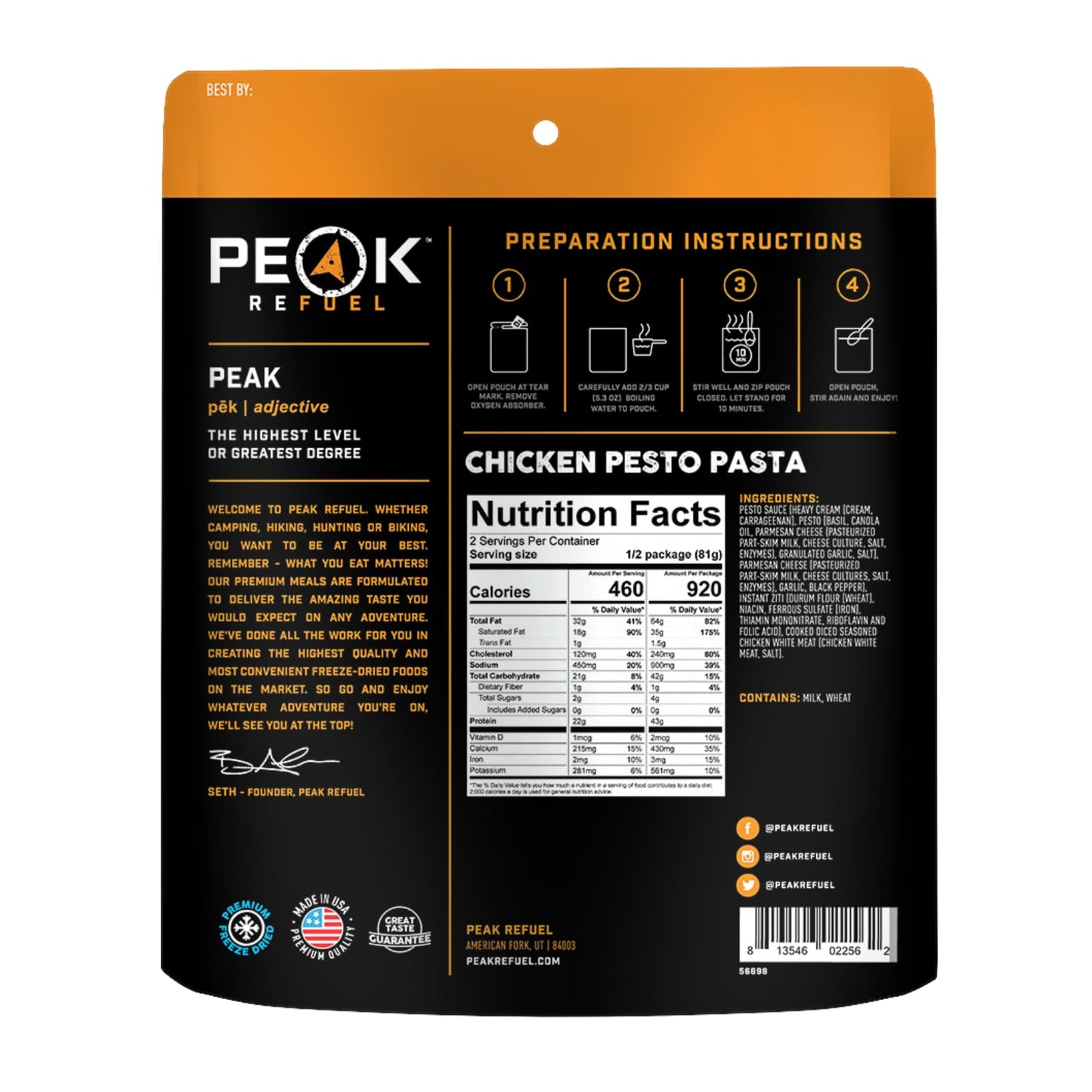 Peak Refuel Chicken Pesto Pasta| Premium Freeze Dried Camping Food | Backpacking & Hiking MRE Meals | Just Add Water | 100% Real Meat | 43g of Protein | 2 Serving Pouch