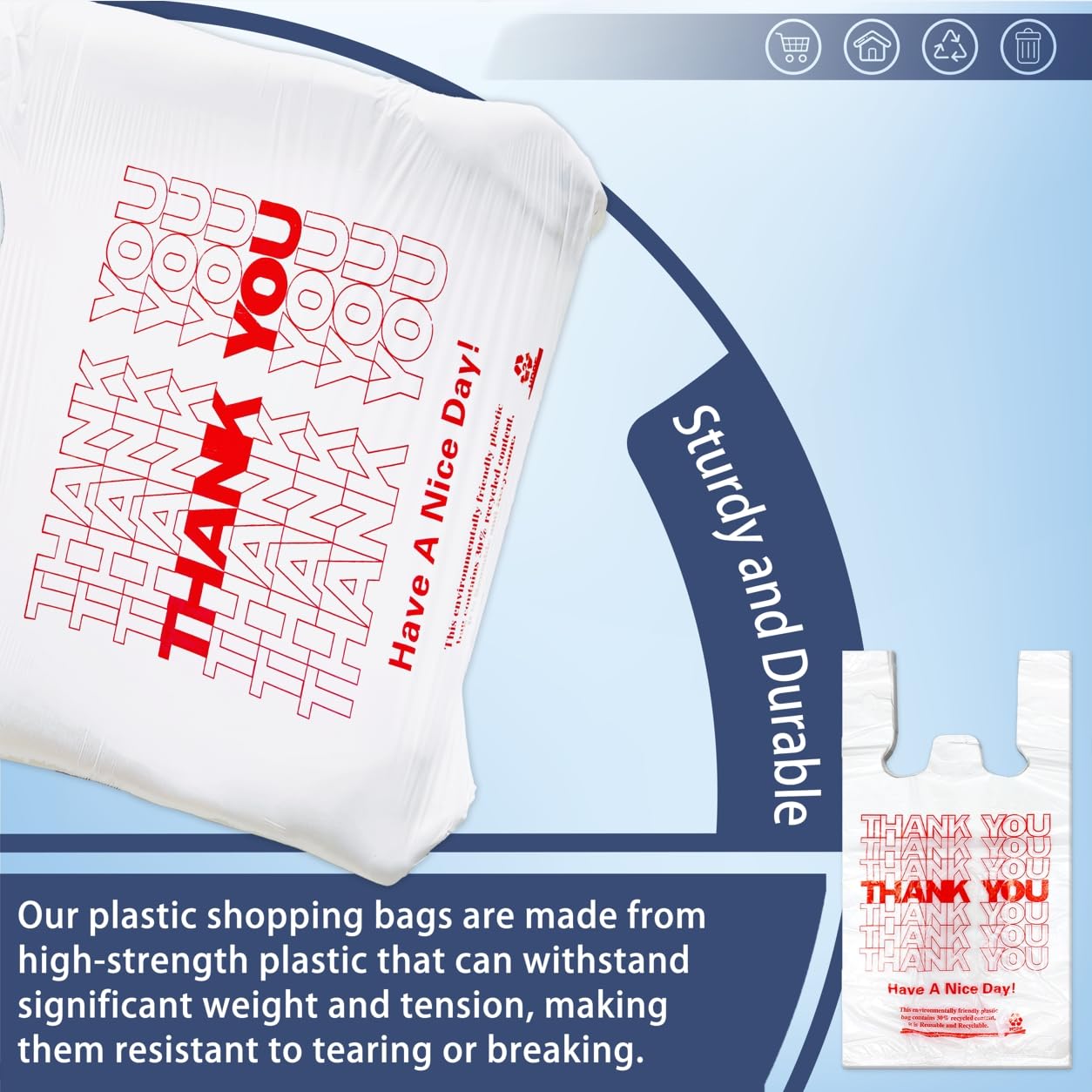 1000 Count White Disposable Thank You Bags with Handles - 11''x6''x21'' Plastic Carry Bags for Retail/Supermarket