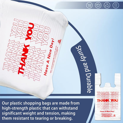 1000 Count White Disposable Thank You Bags with Handles - 11''x6''x21'' Plastic Carry Bags for Retail/Supermarket
