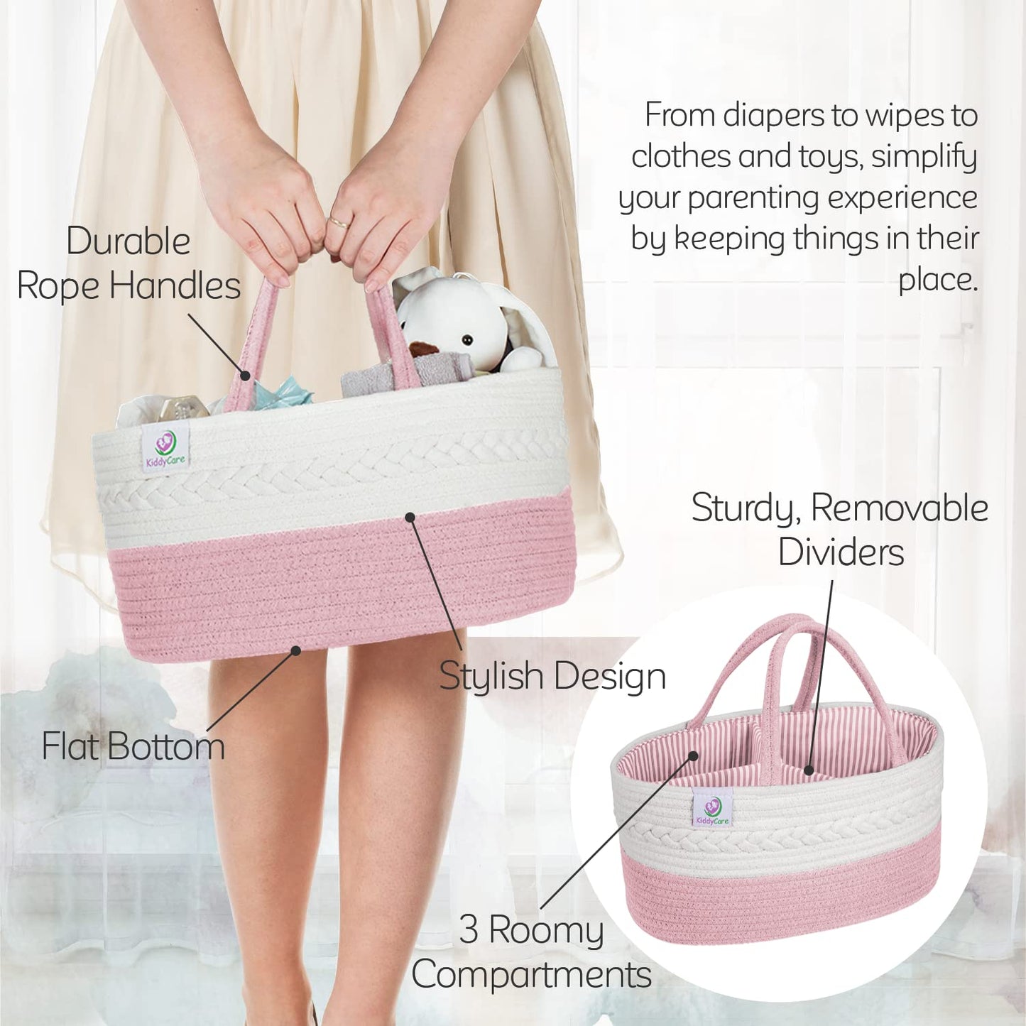 KiddyCare Woven Diaper Caddy Organizer, Large Gray Multi Functional Portable Baby Basket with Handle, Baby Gift for Boy/Girl Nursery Storage, Organization, and Modern Car Diaper Caddy Pink X-Large