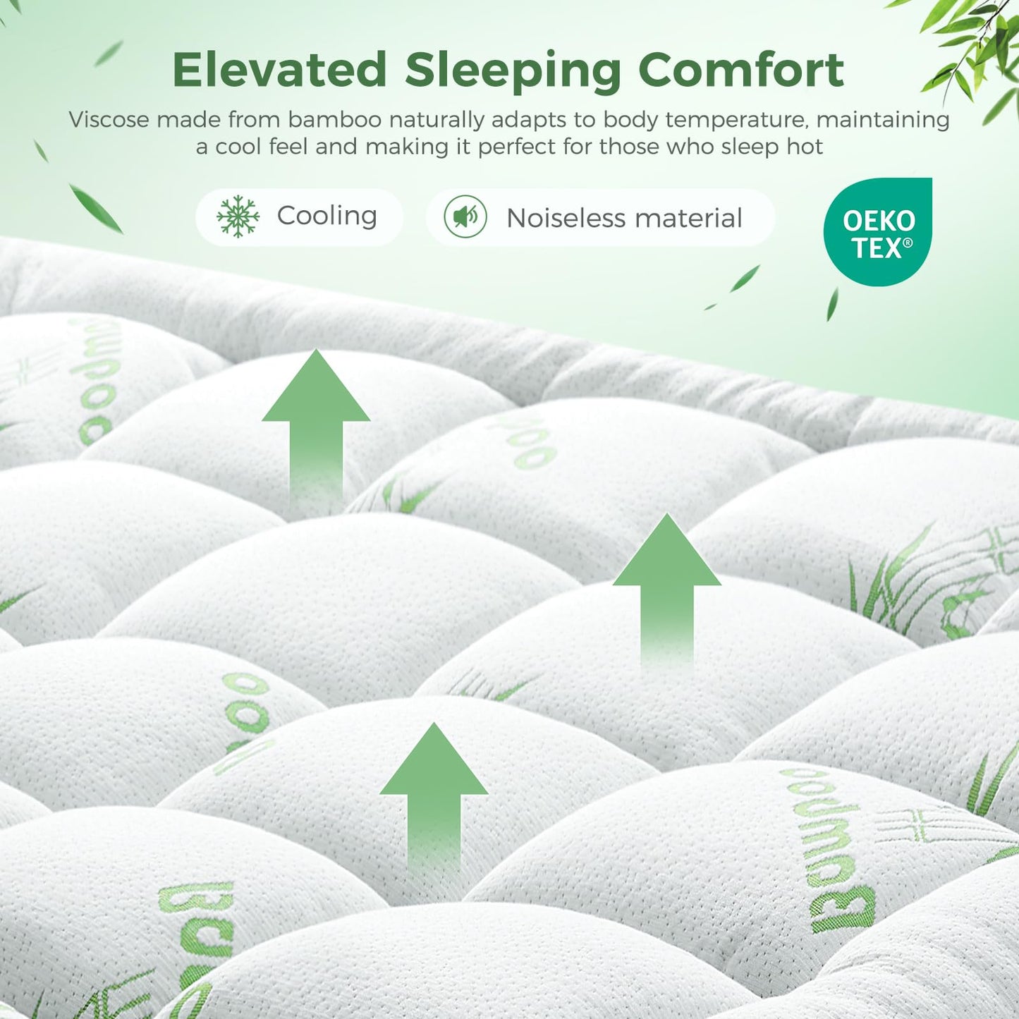 HYLEORY Mattress Topper Queen Size - Thick Bamboo-Viscose Cooling Pillow Top Mattress Pad Breathable Fluffy Soft Mattress Cover with 8-21" Deep Pocket, Green