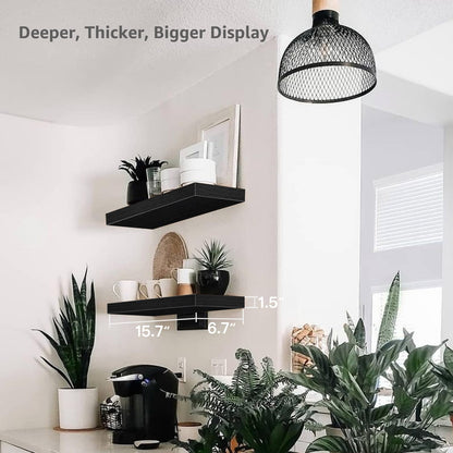 QEEIG Black Bathroom Floating Shelves for Wall Shelf Over Toilet Wall Mounted Farmhouse Small 16 inch Set of 2 (008-40B)