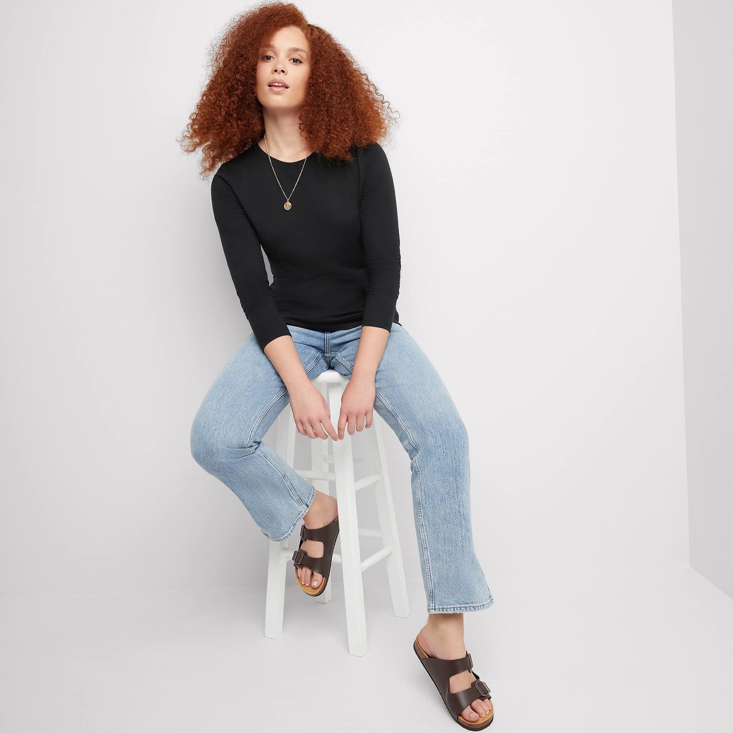 Hanes Long Sleeve Cotton T-Shirt, Lightweight Crewneck Tee for Women, Modern Fit, Ebony, Large