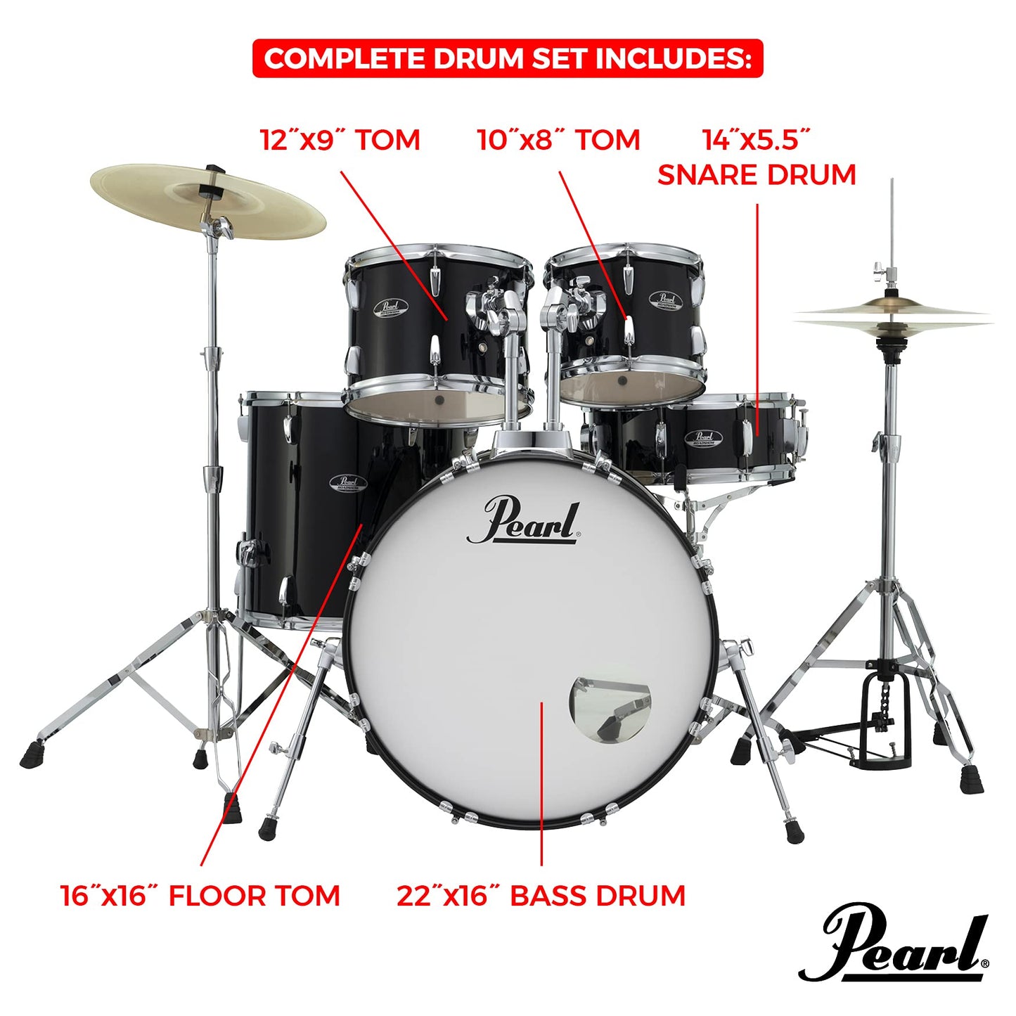 Pearl Roadshow Drum Set 5-Piece Complete Kit with Cymbals and Stands, Jet Black (RS525SC/C31)