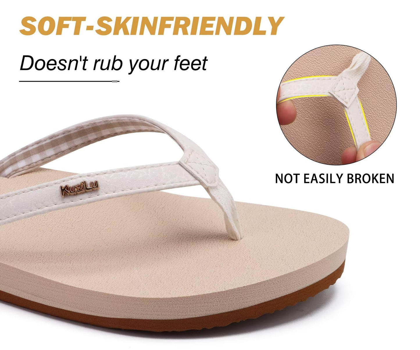 KuaiLu Womens Arch Support Flip Flops Comfortable Yoga Mat Slip on Leather Walking Thong Cushion Sandals Summer Beach Orthotic Slides Travel Essentials Indoor Outdoor Slippers Shoes Beige Size 5