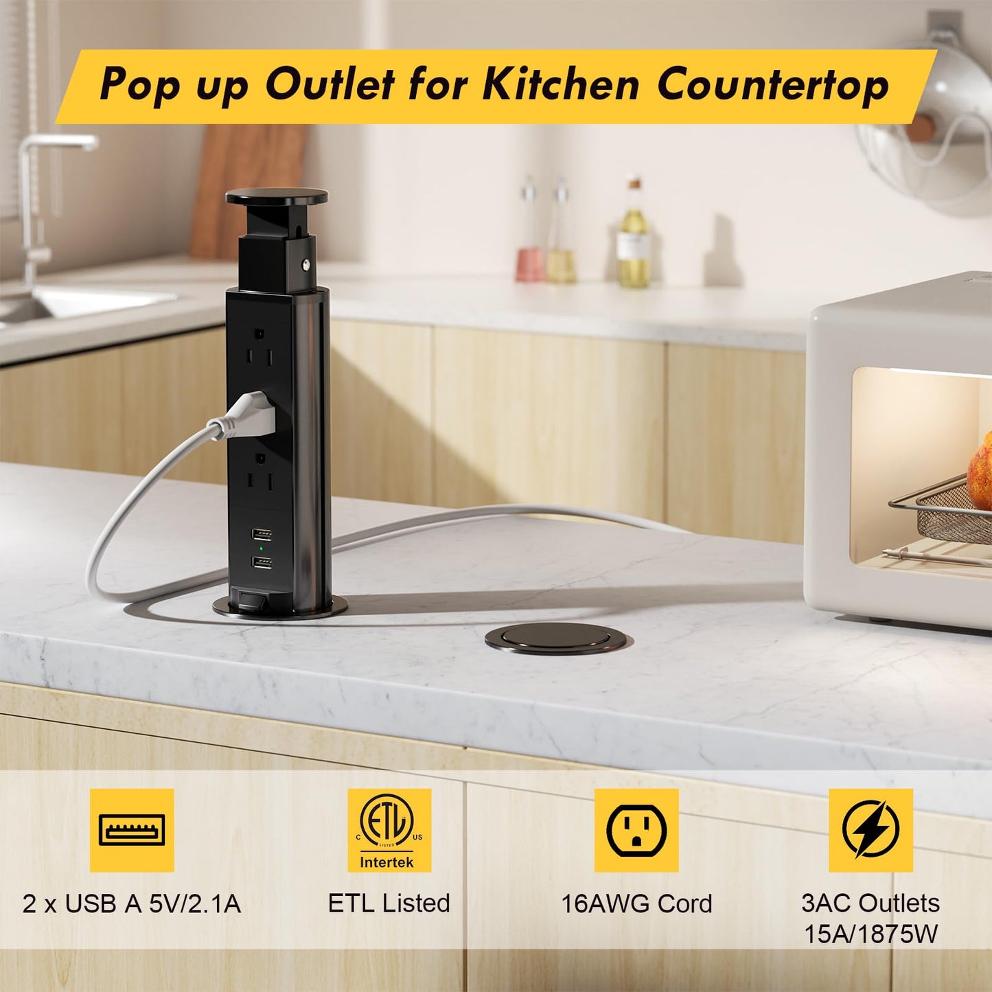 Pop Up Electrical Outlet for Countertop, Recessed Power Strip with 3 AC Outlet & 2 USB Ports,2.5" Hole Pull Pop Up Socket Hidden Outlets, Pop Out Power Outlet for Kitchen Counter Conference Desk