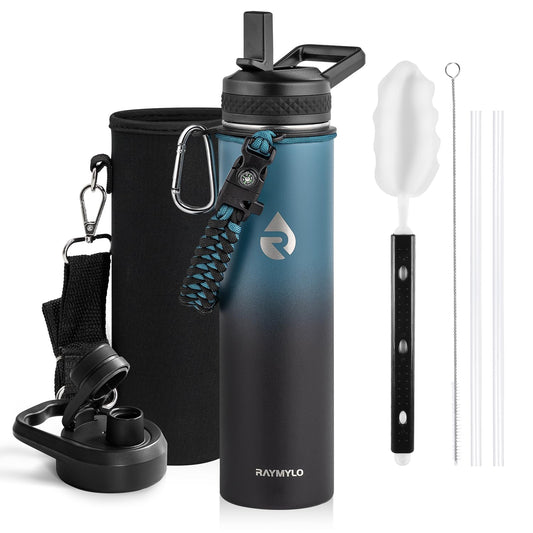 RAYMYLO Insulated Water Bottle 24oz, Triple Wall Vacuum Stainless Steel (Cold for 48 Hrs, Hot for 24Hrs), Leak Proof & Non-BPA, 24oz Hydro Water Flask with Paracord Handle & Straw Spout Lids