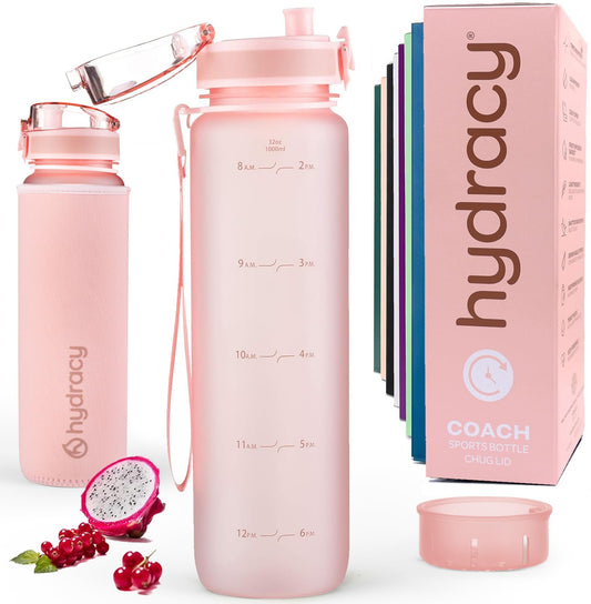 Hydracy Water Bottle with Time Marker -Large 32oz BPA Free & No Sweat Sleeve -Leak Proof Gym Bottle with Fruit Infuser Strainer & Times to Drink -Ideal for Fitness Sports & Outdoors