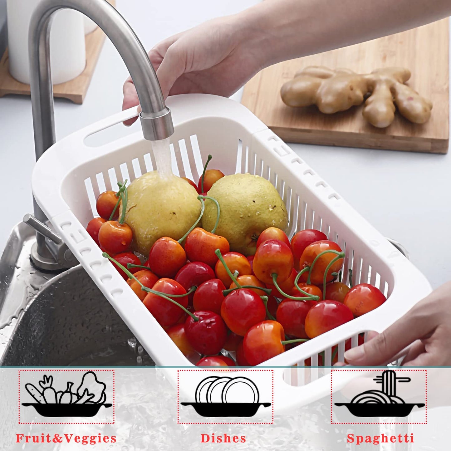 MineSign Extendable Over the Sink Colander Fruits and Vegetables Drain Basket Adjustable Strainer Sink Washing Basket for Kitchen (Grey)