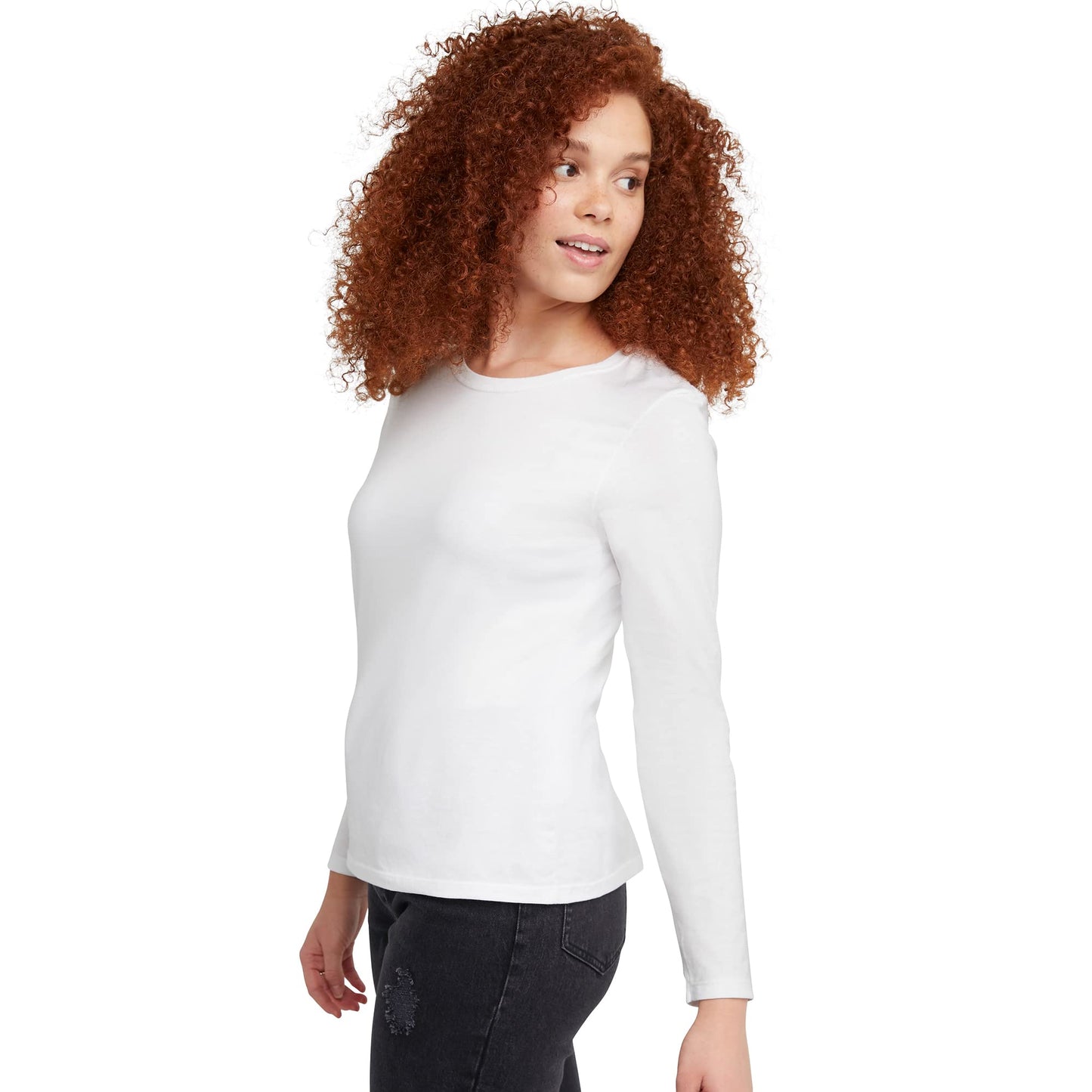 Hanes Long Sleeve Cotton T-Shirt, Lightweight Crewneck Tee for Women, Modern Fit, White, Large