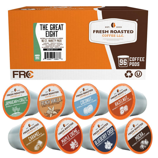 Fresh Roasted Coffee, The Great Eight, Flavored Coffee Pod Variety Pack, K-Cup Compatible, 96 Count